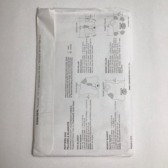 Kwik Sew Child’s PILLOWS BLANKETS Sewing Pattern Dog Monkey 2006 FF UNCUT NEW - Picture 2 of 6
